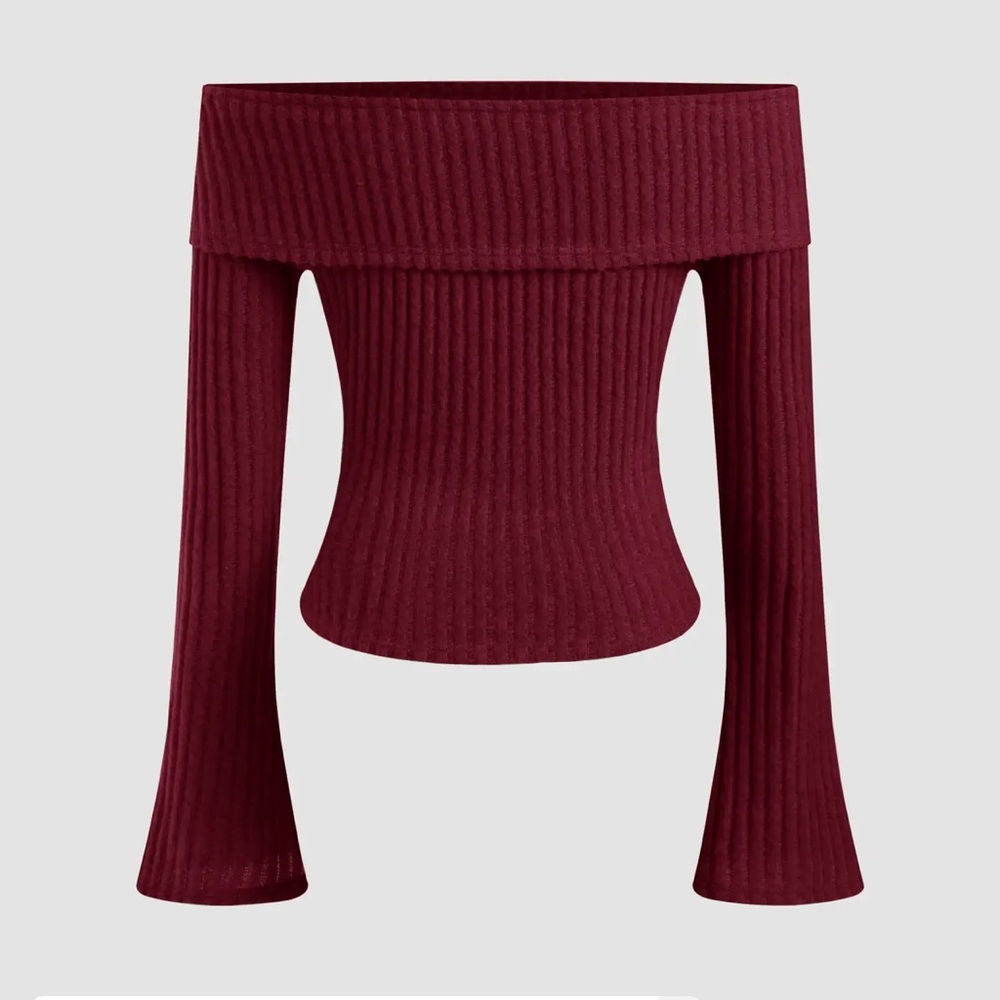 Cider Off-Shoulder Ribbed Wine Sweater